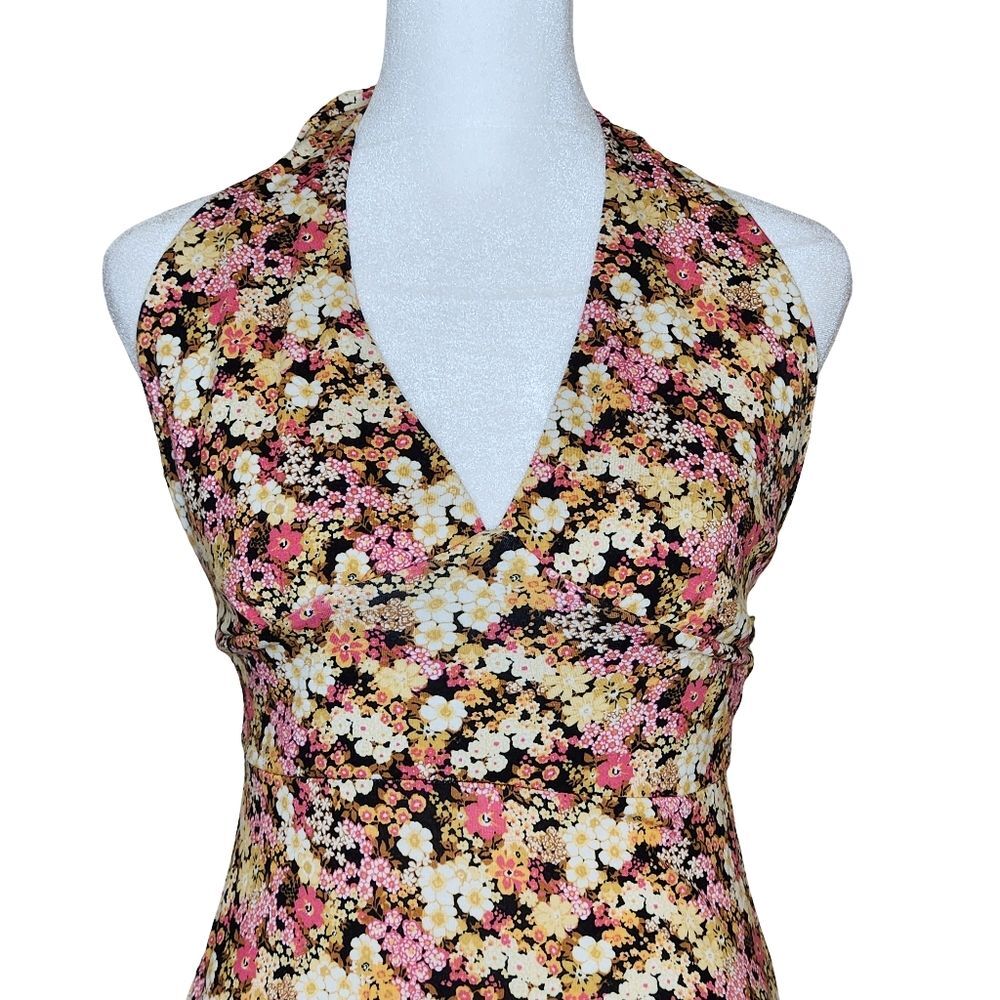 Forever 21 Retro Floral Print Tie Back Halter Midi Dress Medium Summer Boho - Picture 3 of 12